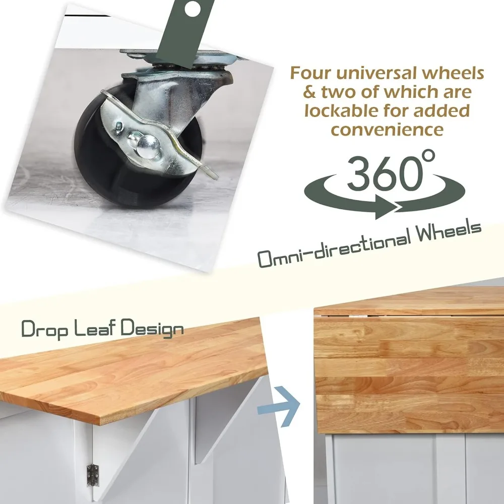 Kitchen Island Cart on Wheels Rolling Kitchen Island with Drop Leaf Top Trolley Cart with Drawers Towel Rack Bottle Rack