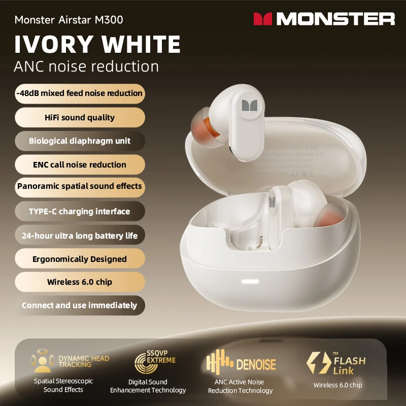 Monster AIRSTAR M300 OWS Sport-Gaming-Kopfhörer, kabellos, Bluetooth 6.0, Ohrclip-Ohrhörer, HD-Anrufe, Kopfhörer mit Geräuschunterdrückung