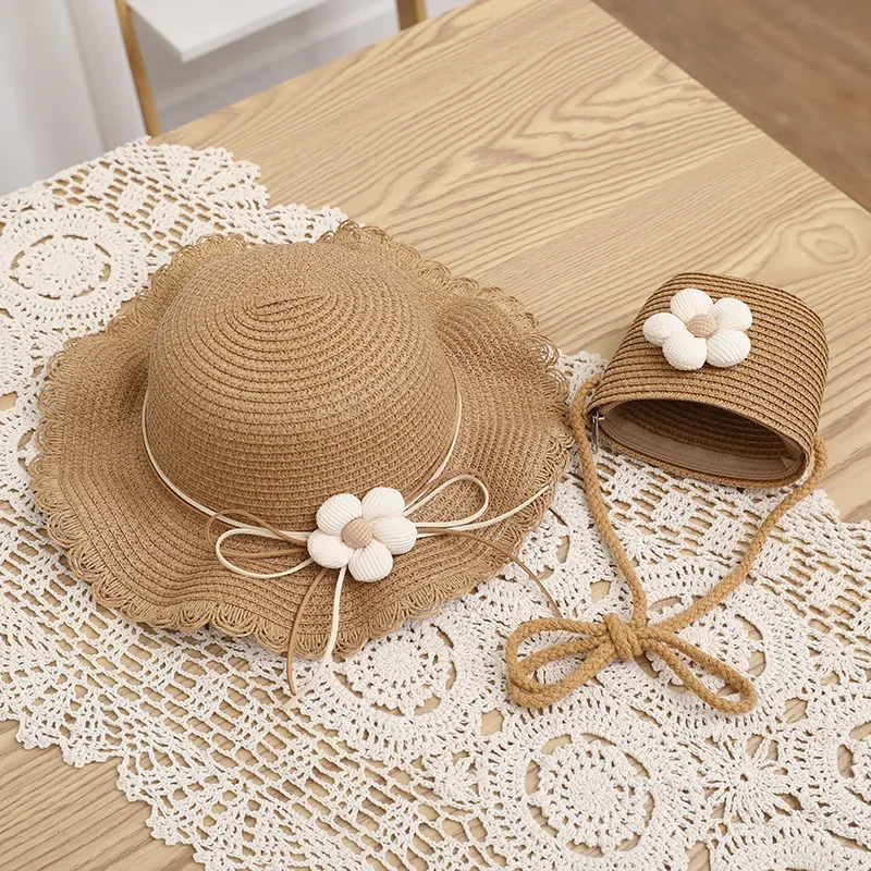Kids Girls Flower Summer Caps Fashion Children Sunscreen Sun Hat Straw Hat Bag for Beach Baby Accessories for 2-8 Years Kids