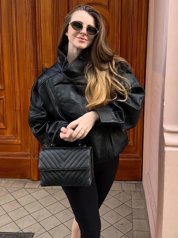 HH Women Fashion Pu Leather Black Coats Stand Collar Long Sleeve Zipper Jacket Woman Fashion Vintage Motorcycle Jackets