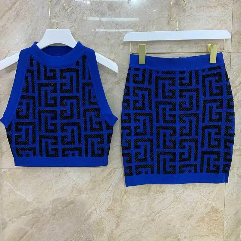 

23Fashion New Blue Printing 2Pieces Sets Runway Round Neck Short Vest Sexy Elegant High Waist Bag Hip Skirt For Women Clothes