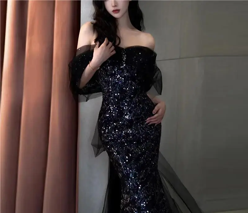 

black high-end evening dresses 2024 new