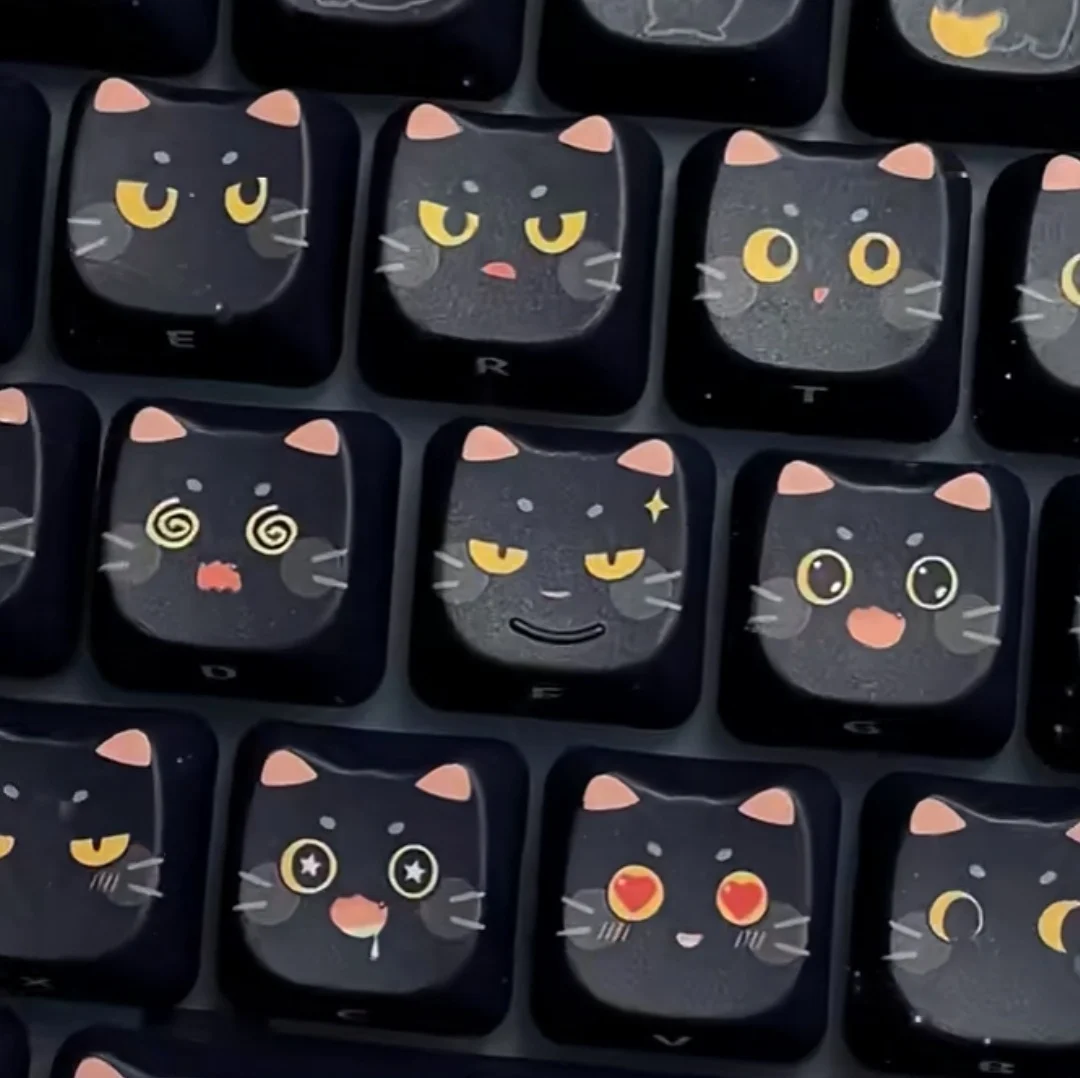 ECHOME 블랙 고양이 테마 키캡 세트, PBT 염료, 귀여운 새끼 고양이 애니메이션 키보드 캡, MAO 프로필, 기계식 키보드용 키캡, 145 키