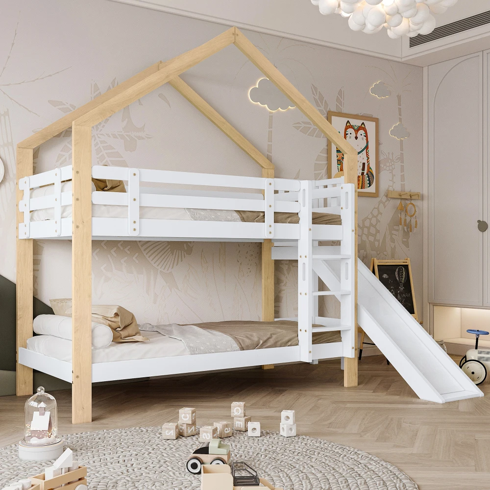 90x200cm Etagenbett mit Rutsche und dreistufiger Winkelrolltreppe, Bett mit Sturzschutz, Kinderbett, Bettrahmen aus Massivholz – Detail 3