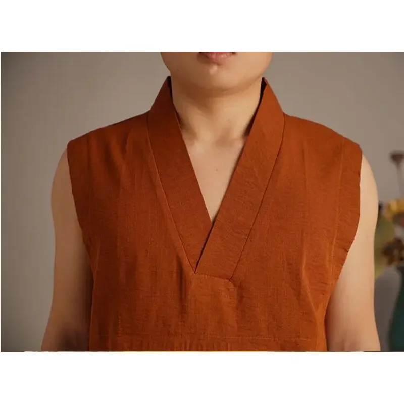 Chinese Tibetan Buddhism Lama Thailand Monk Summer Shirt Men Tops Vest Zen Brown