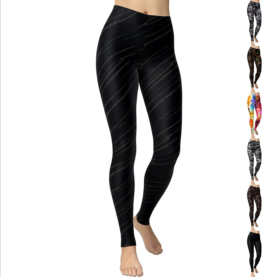 WomensBasicLinePrintedYogaPantsElasticYogaLeggingsGymJogging
