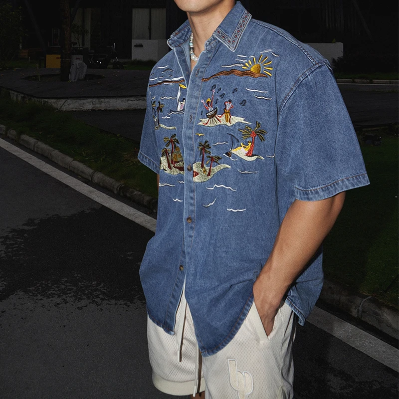 Casual Short Sleeve Denim Shirts for Mens Spring Summer Stylish Embroidery Denim Tops Men Vintage Button Turn-down Collar Shirt denim shirt