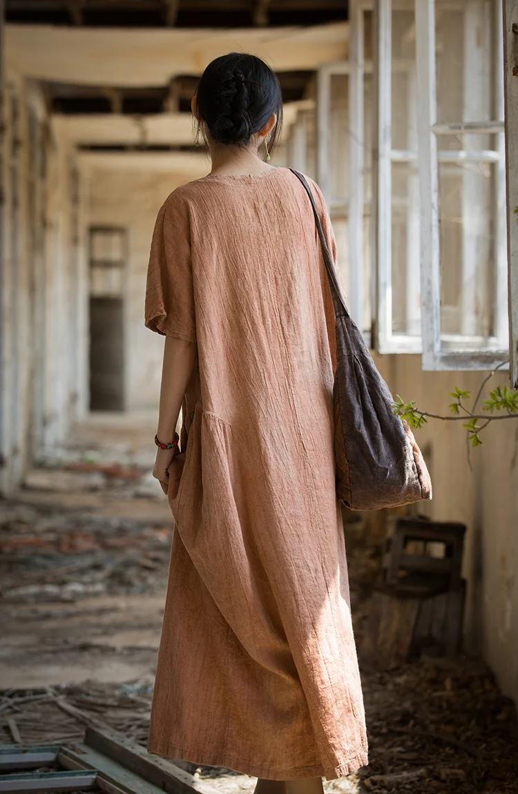 Cotton Linen Maxi Midi Dress Women Tie Dye Oversize Dresses 4