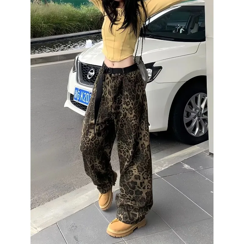 Mop Pants Jeans United States Gaojie Ins Retro Style Leopard Print Woman Autumn Winter Design Sense Loose Fitting Wide Legs