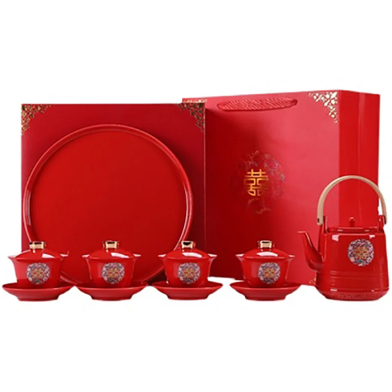 Chinese Red Ceramic Tea Set, Teapot, Gaiwan, Serving Tea Tray, Wedding Party Souvenir Gift, Porcelain Supplies