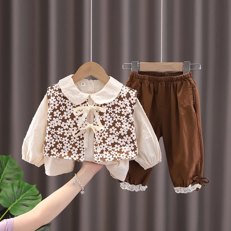 

Spring kids Girls' Clothes baby Outfits Sets Floral Vest Shirt Pants suits for children girls' clothing 2-6T baby birthay sets