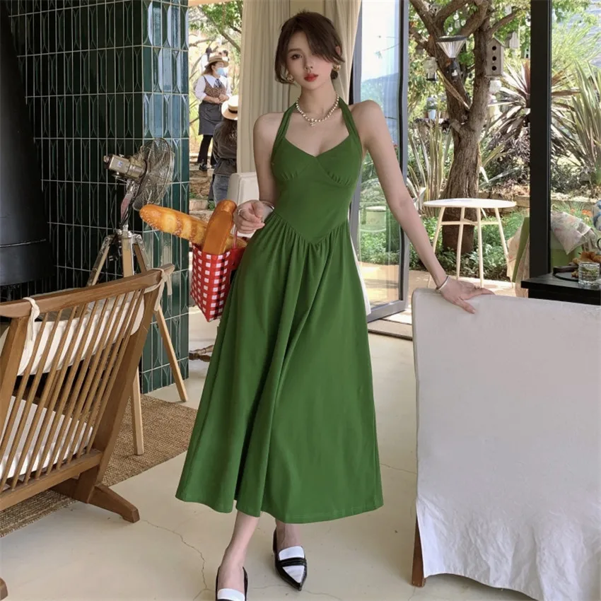 French Style Elegant Spaghetti Strap Dress Women Deep V neck Vintage Halter Neck Dress Designer