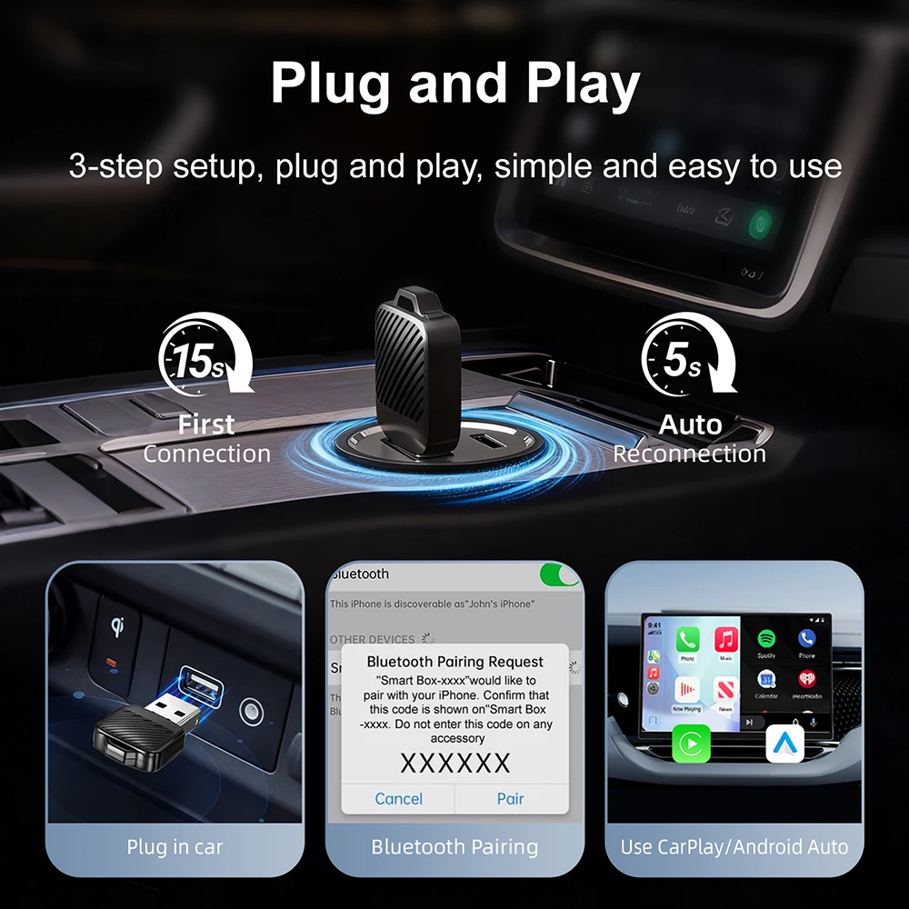 Wireless CarPlay & Android Auto Adapter with High-Speed WiFi USB Plug-and-Play Connectivity