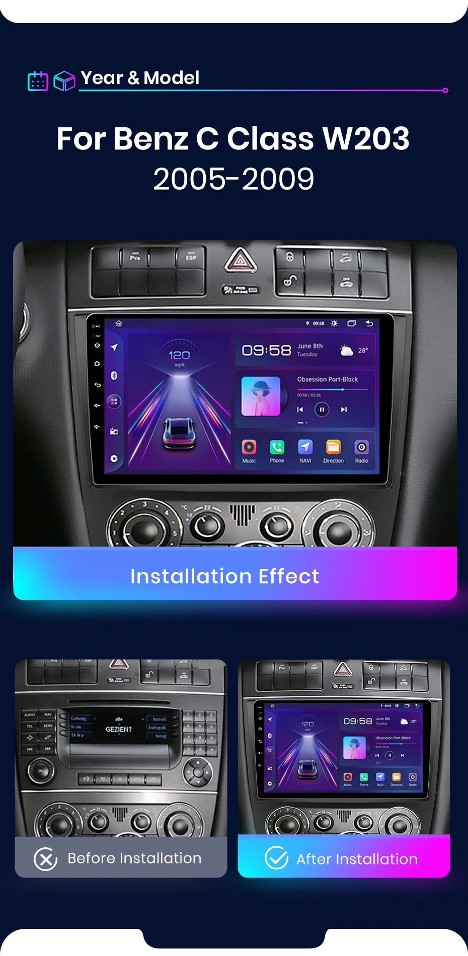 Junsun V1 Drahtlose CarPlay Android Auto Radio Für Mercedes Benz C Klasse W203 2005-2009 C230 Auto Multimedia GPS 2din autoradio BT – Detail 5