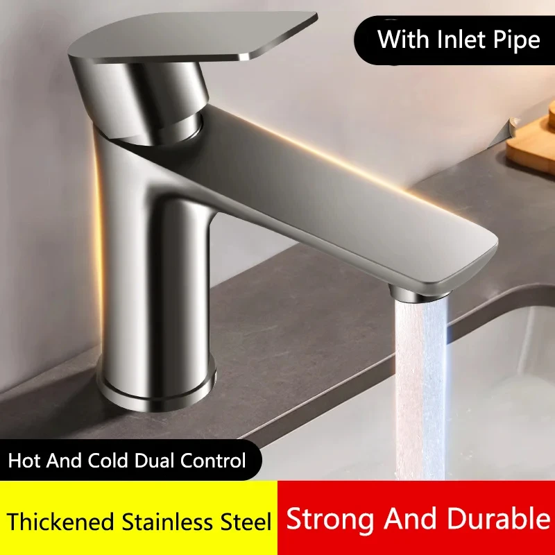 304 Stainless Steel Bathroom Faucet Simple Design Bathroom Sink Faucet Hot and Cold Water Outlet Kitchen Faucet