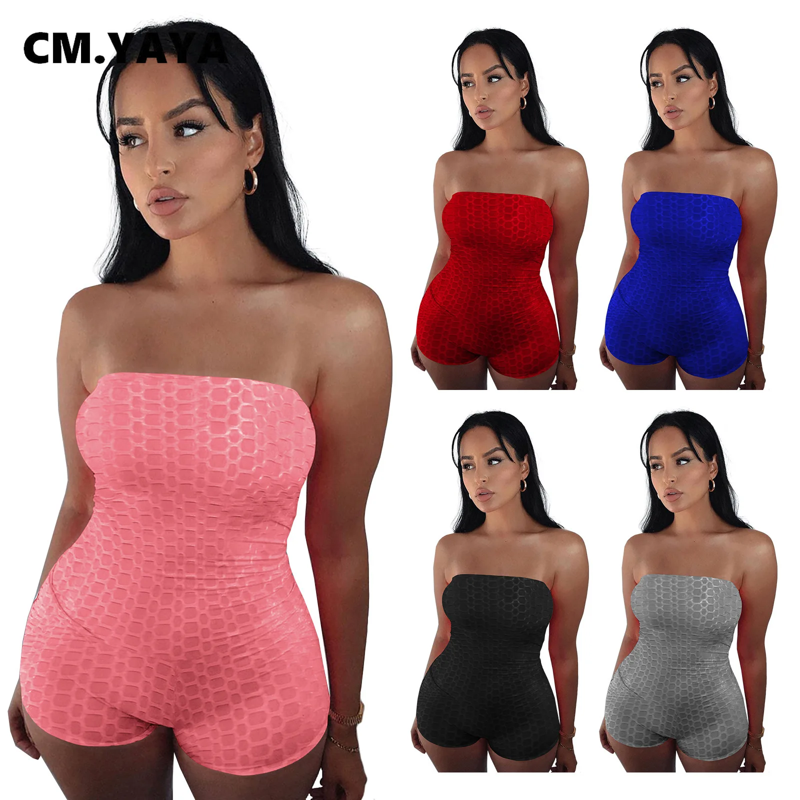 CM.YAYA Active Strapless Playsuit Bodycon Rompers for Women Sleeveless Short Jumpsuit Sport One Piece Overall Fitness Outfit |