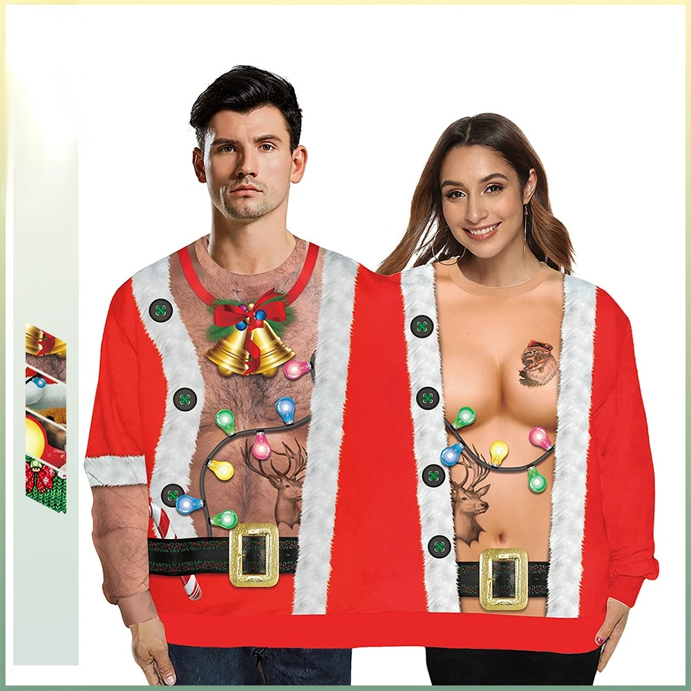 

Christmas hoodie couple sweater holiday spoof printing couples one-piece two person sweater loose couple outfit