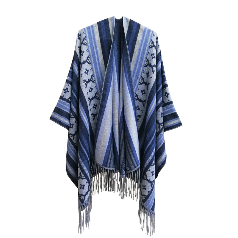 

Spring Autumn Geometric Jacquard Ethnic Style Tourism Split Tassel Shawl Women Air Conditioner Poncho Lady Capes Navy Cloaks