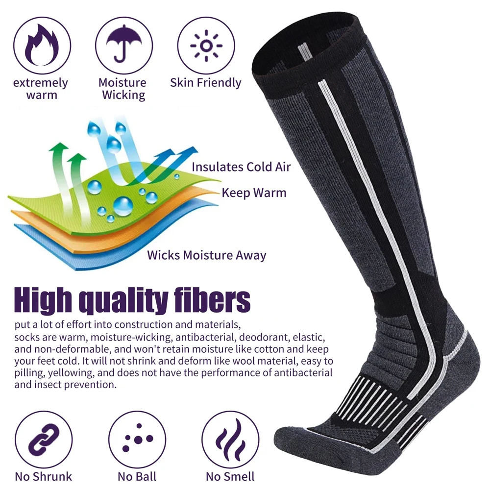 1Pair Merino Wool Ski Socks, Cold Weather Socks for Snowboarding, Snow, Winter, Thermal Knee-high Warm Socks, Hunting