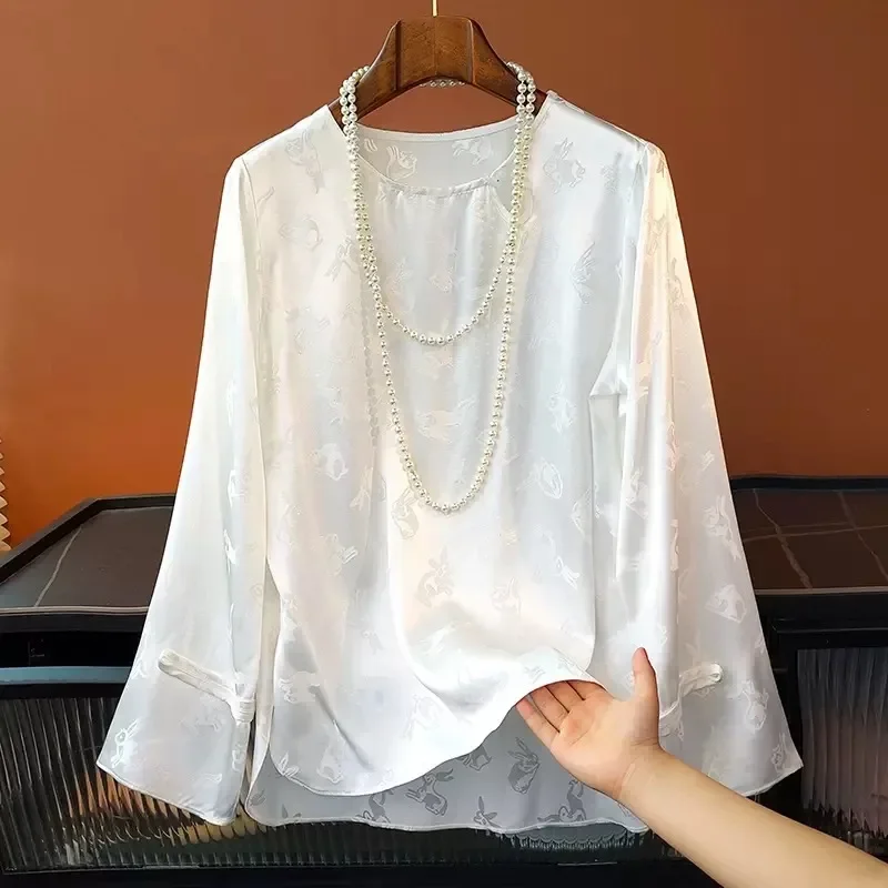 

YCMYUNYAN-Women's Floral Silk Blouses, Summer Satin Shirt, O-Neck Clothing, Loose Fashion, Long Sleeve Women Tops, New