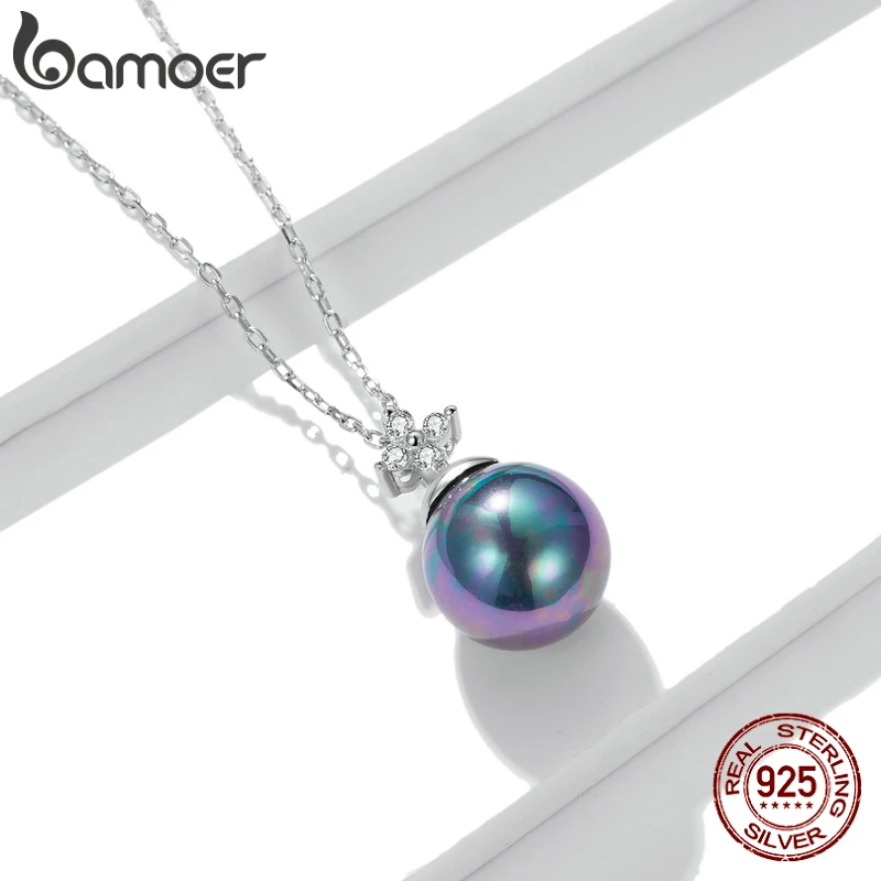 bamoer 925 Sterling Silver Elegant Black Pearl Charm Necklace Shell Pearl Zircon Chain Necklace for Women Fine Jewelry BSN226