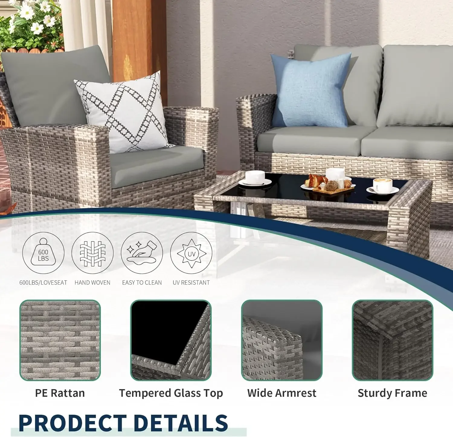 NEW-4-Piece Grey Waterproof PE Wicker Outdoor Sectional Sofa Set with Grey Cushions,All-Weather Patio Furniture for Balcony, Por