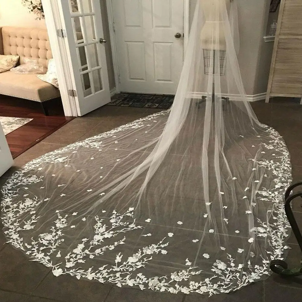 

Luxurious Elegant Wedding Veils 3M One Layer Tulle Appliques Lace Tulle White Ivory Champagne Bridal Veil Custom Made Veils