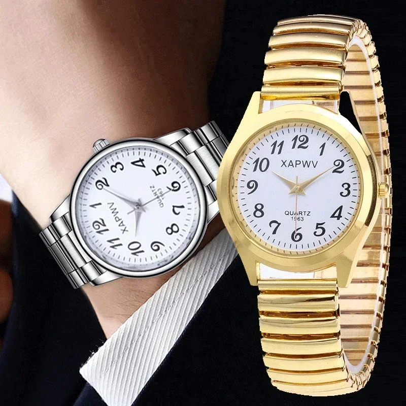 1PCs Classic Vintage Business Women Men Elastic Gold Sliver Quartz Watch Tide Lovers Couple Bracelet Watches Party Office Gifts 2