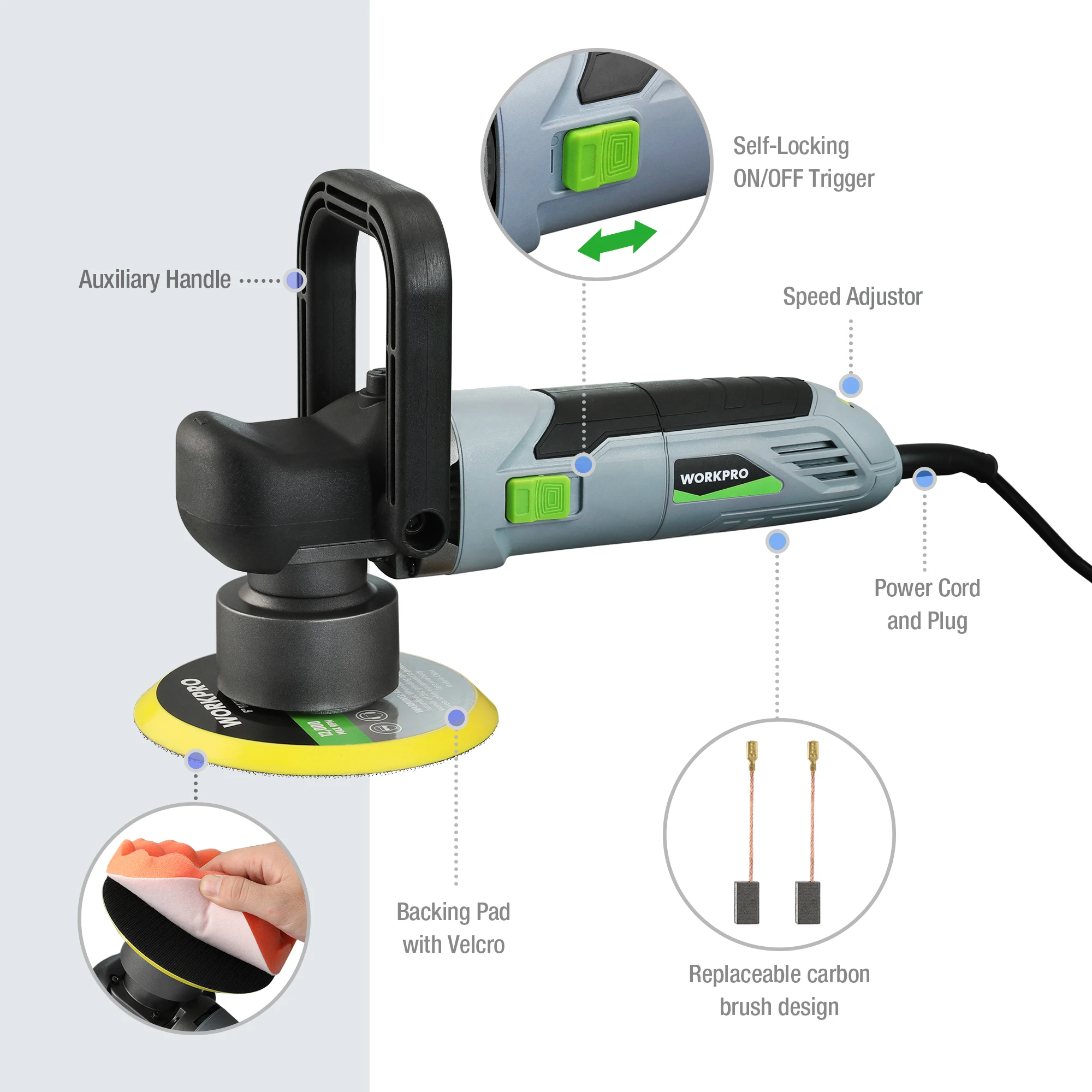 WORKPRO Car Buffer Polisher Kit, 6 Inch 6400RPM Dual Action Polisher with 6 Variable Speeds, 7A Orbital Buffer