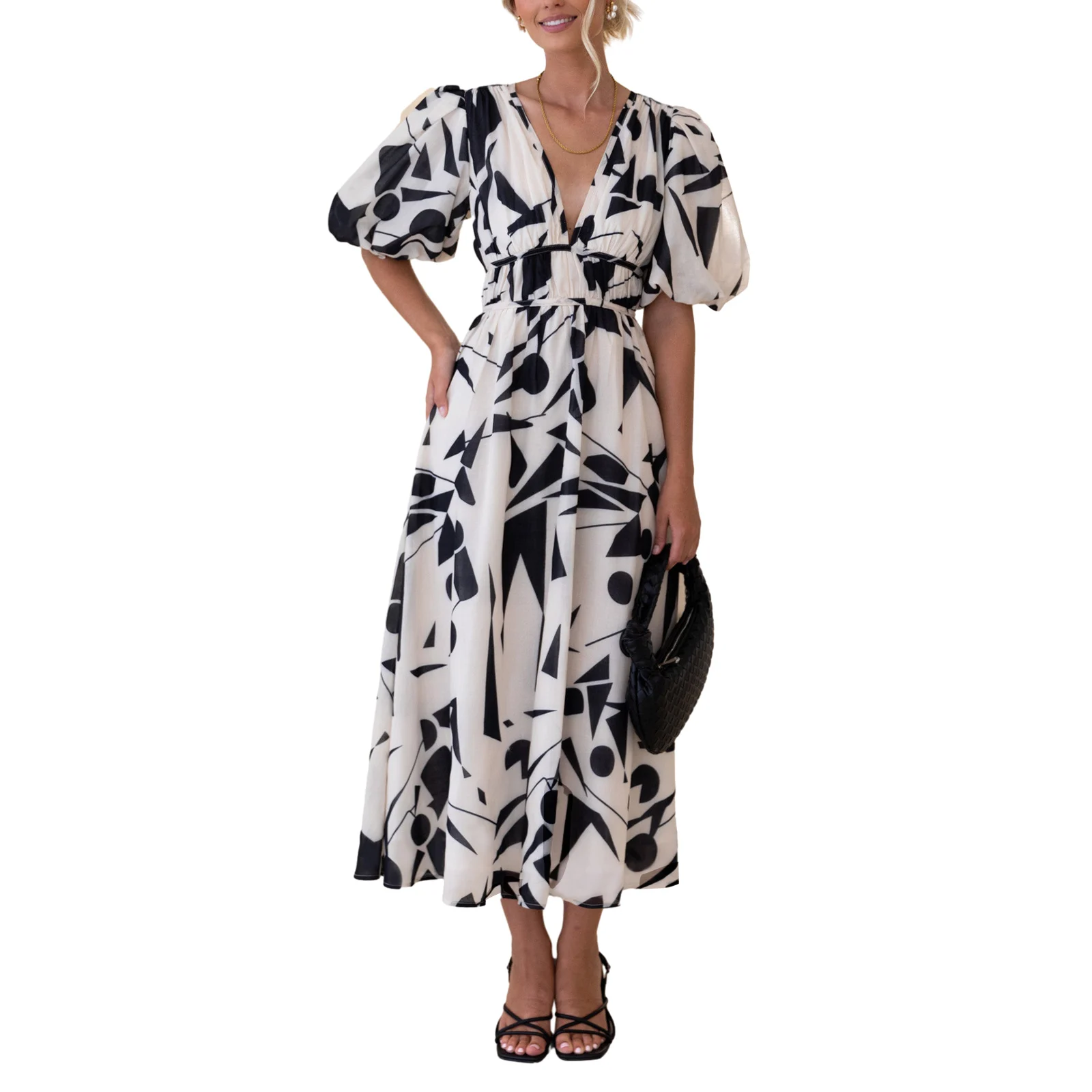 

Women Summer Fashion Casual A-line Dress Floral Print V-Neck Short Puff Sleeve Midi Dress Fashion Holiday Dress