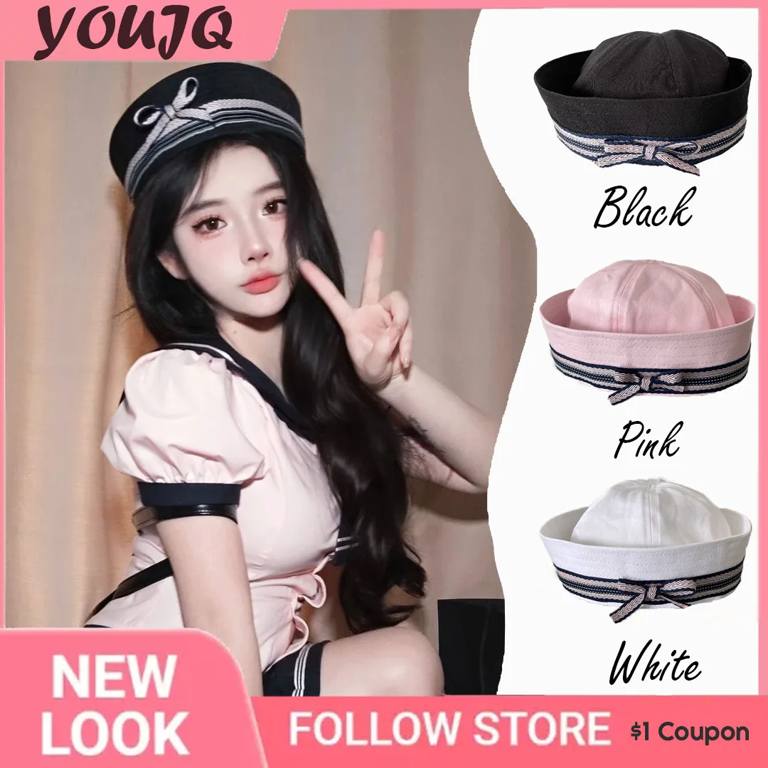 

Y2K Embroidered Bow Knot Cute Pink Sailor Hat Flip Eaves Versatile Sweet Girl Spring Summer JK Beret Dome Women's Navy Caps