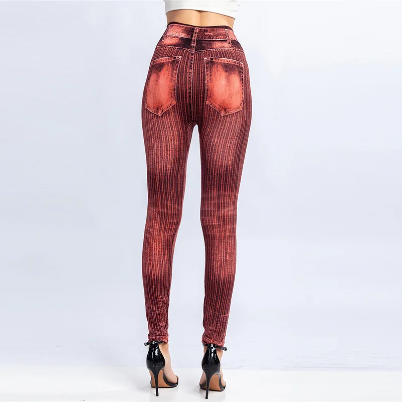 Frauen gestreiften Druck falsche Jeans hohe elastische schlanke Leggings im Freien tragen laufen hohe Taille sexy Hüftlift Mode Yoga Strumpfhosen – Detail 14
