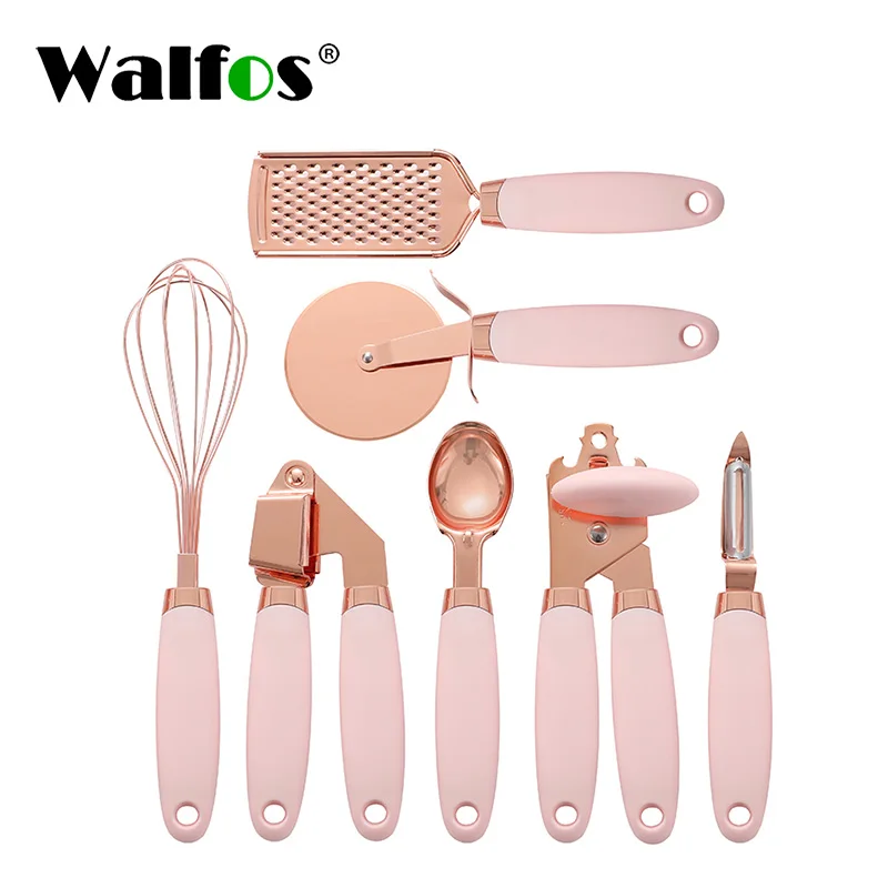 

WALFOS 7 Pcs Kitchen Utensils Set Peeler Egg Beater Pizza Cutter Can Opener Garlic Press Cheese Vegetable Grater Ice Cream Spoon