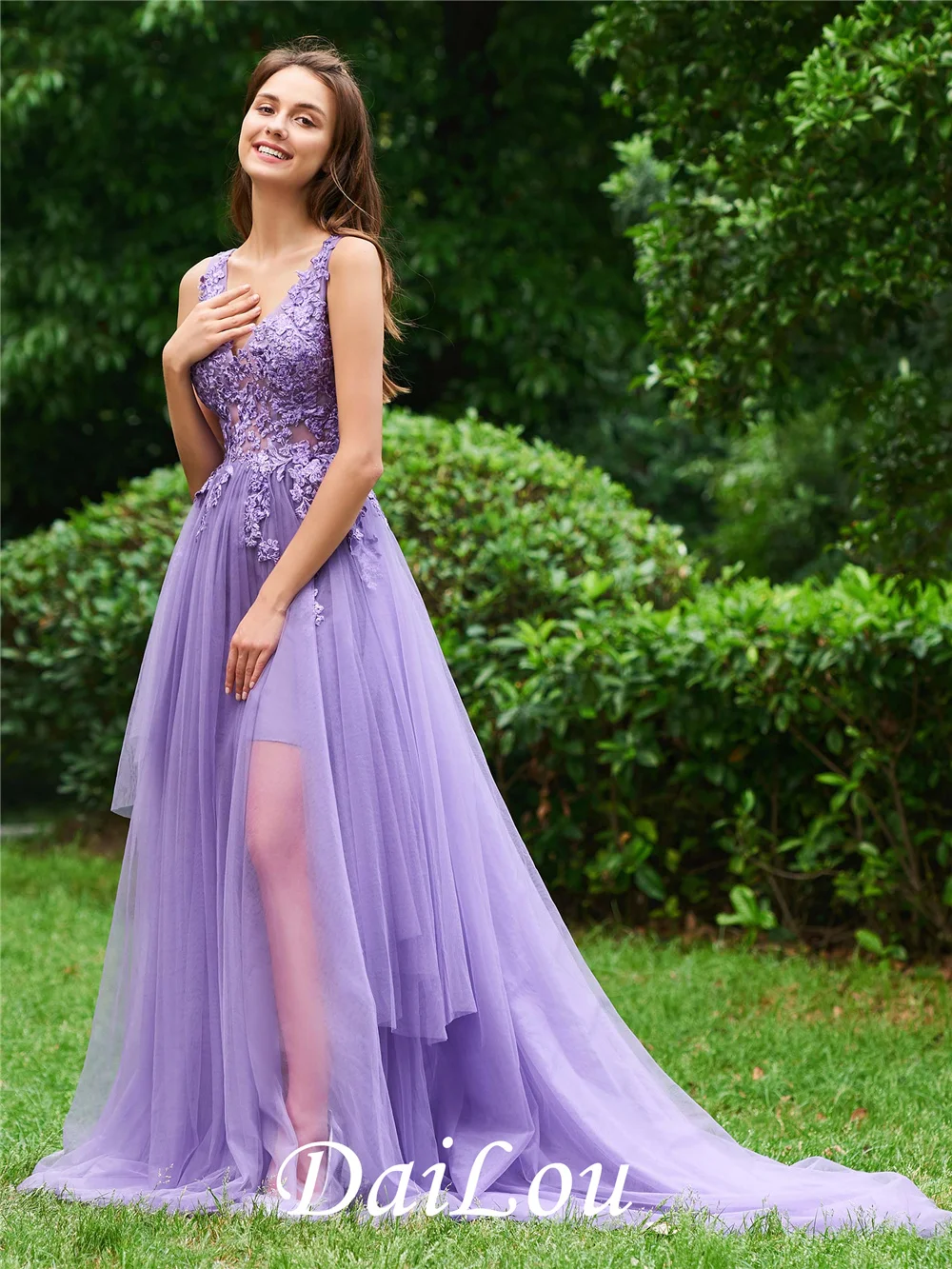 A Line Lilac Lace Appliqued Evening Dress V Neck Special Occasion Formal Party Long Prom Gowns bestidos de gala