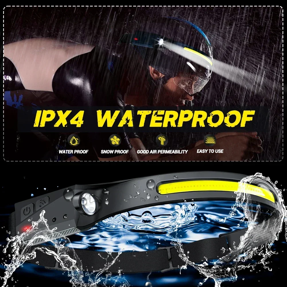 Head Lamp Sensor Headlamp LED Head Flashlight Rechargeable Headlight Head Torch Built-in Battery 5 Lighting Modes Fishing Camping Lantern