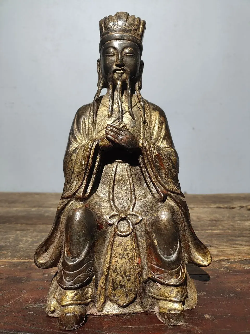 

10"Tibetan Temple Collection Old Bronze Old Bronze Cinnabar Mud gold Chinese Civil Service Statue Power and Money Worship Hall