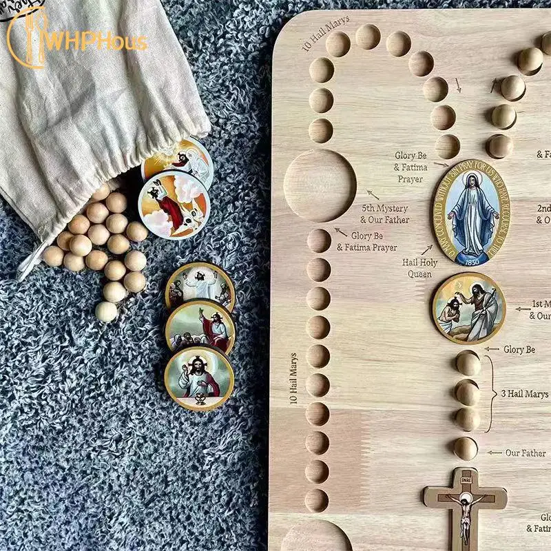 

Wooden Rosary Board, Montessori Wooden Rosary Board Chuck, Fun Round Chuck Wooden Beads Puzzle, Discover Mystery Rosary Prayer G