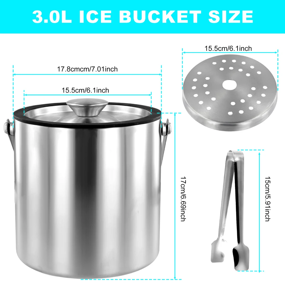 Large Ice Bucket Viski Harrison Stainless Steel Ice Bucket - 2L Double-Wall Insulated With Lid, For Home Bars, Parties, Chilling Wine Ice Bucket For Cocktail Bar - View #2