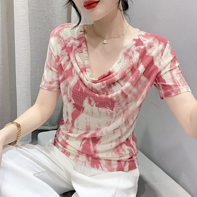 Женская футболка с коротким рукавом, Повседневная футболка в европейском стиле с блестящими бриллиантами на воротнике, модель 2023 на лето, 36055