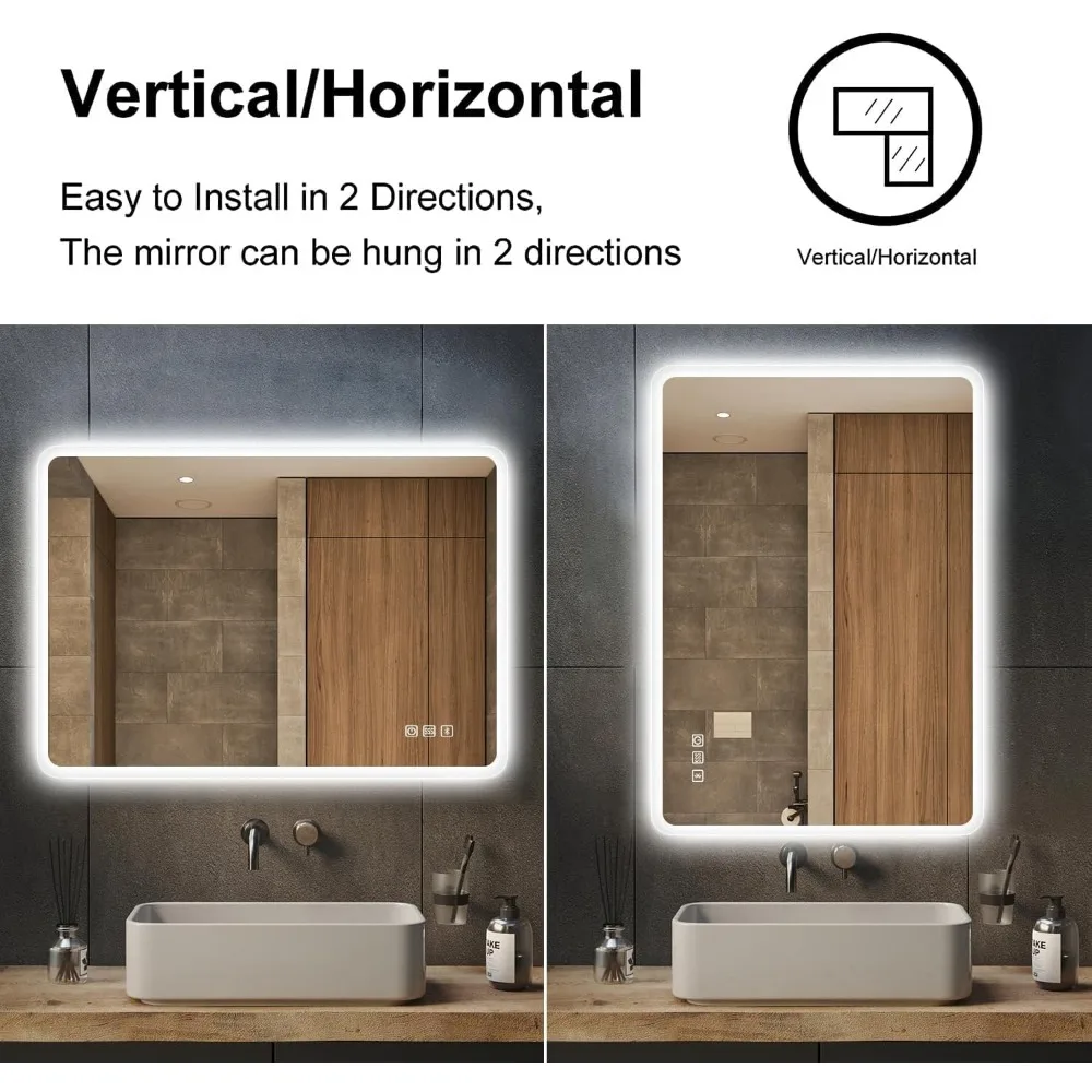 36"x28" LED-Lighted-Bathroom-Mirror, Wall-Mounted-Dimmable-Vanity-Mirror with Bluetooth Speaker, Anti-Fog Waterproof Smart Touch