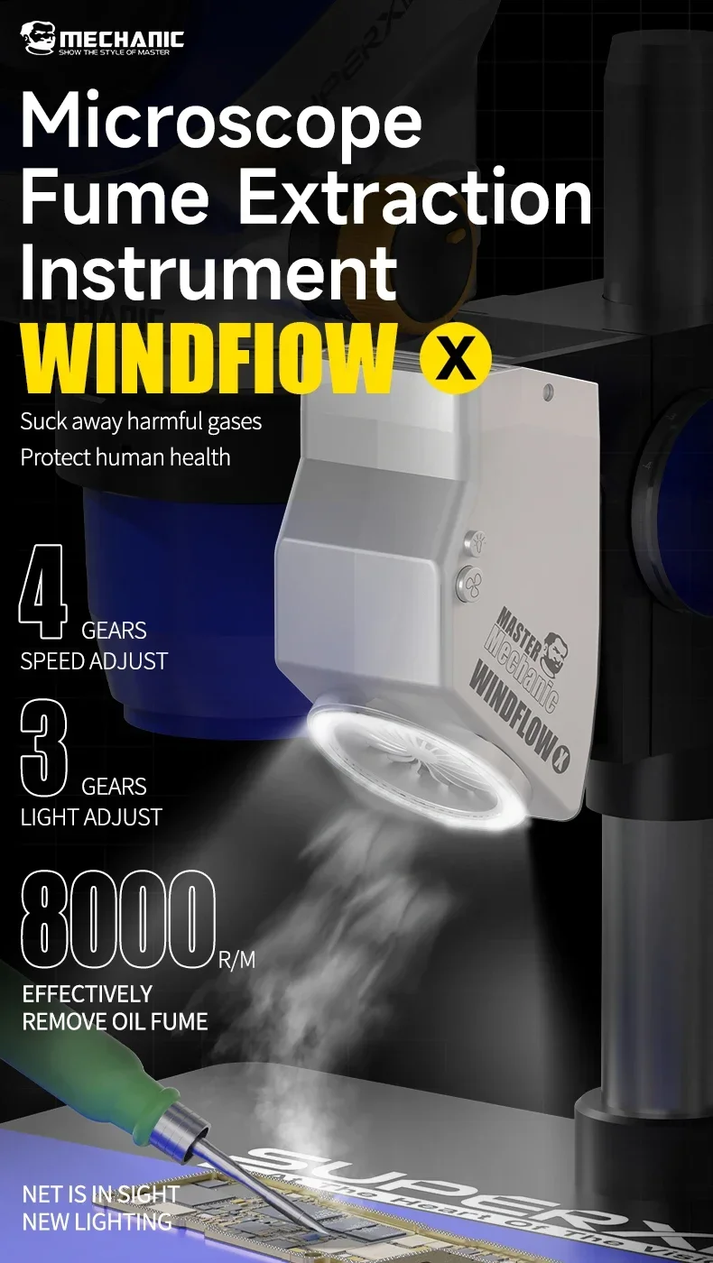 MECHANIC WindFlow X 가벼운 현미경 마더 보드 PCB 수리 용접 연기 제거 조명 도구가있는 연기 배기 장비