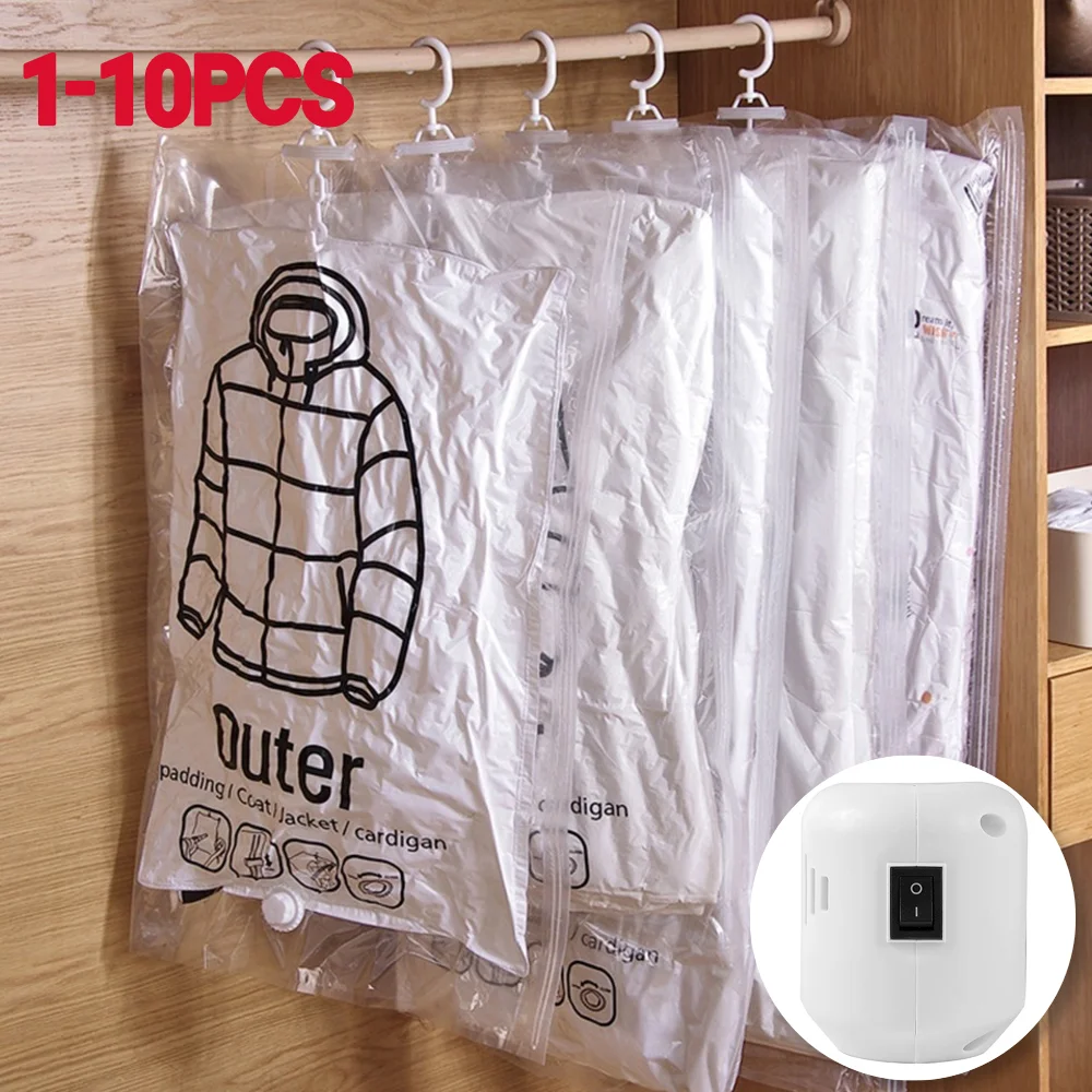 

10-1PCS Hang Transparent Vacuum Bag Storage For Clothes Down Jacket Overcoat Compression Home Organizer Dustproof Coat Air Pump