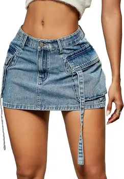 2026 New Cargo Skirt Women Y2k Button Mini Jeans Skirt Denim Skirt with Pocket Low Waist