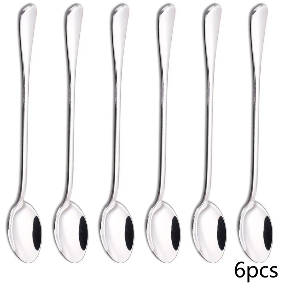 6PCS Long-handled spoon, thickened stainless steel coffee spoon, pointed stirring spoon, round-tipped spoon, ice spoon