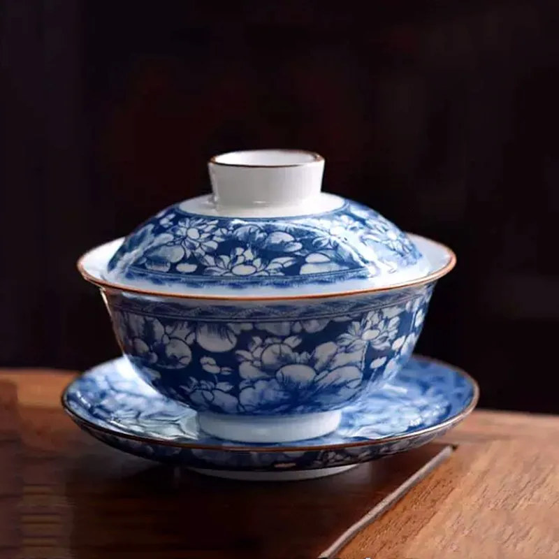 Chinese ceramics tea tureen hand painted blue and white porcelain gaiwan travel portable teaware household drinkware teacup