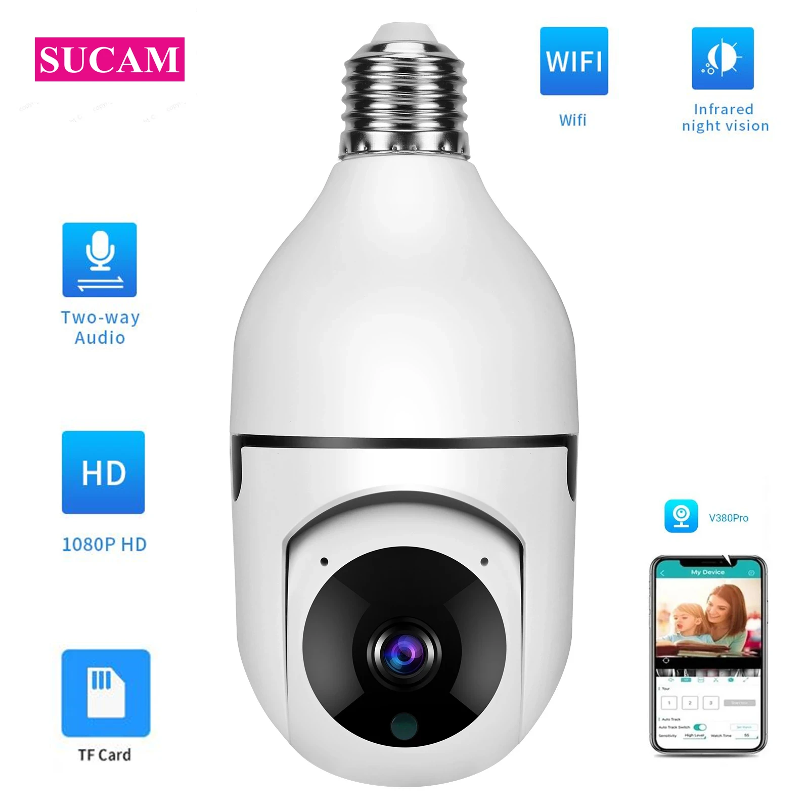 Full Hd 2mp Light Bulb Wif Camera Pan Tilt Two Way Talk Indoor Baby Monitor Wireless V380 App
