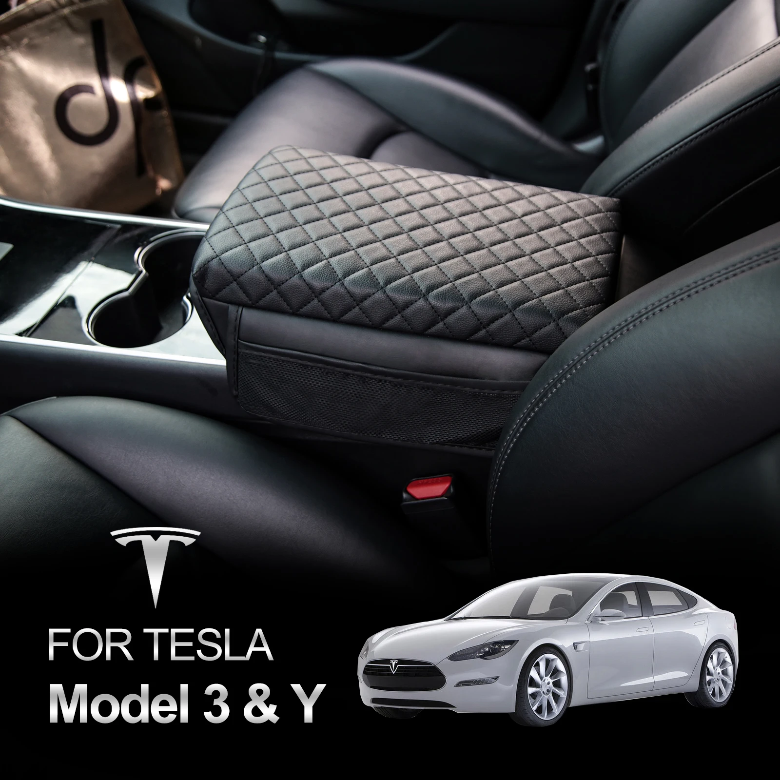 For Tesla Model 3 Model Y Console Cover Armrest Cushion Faux Leather