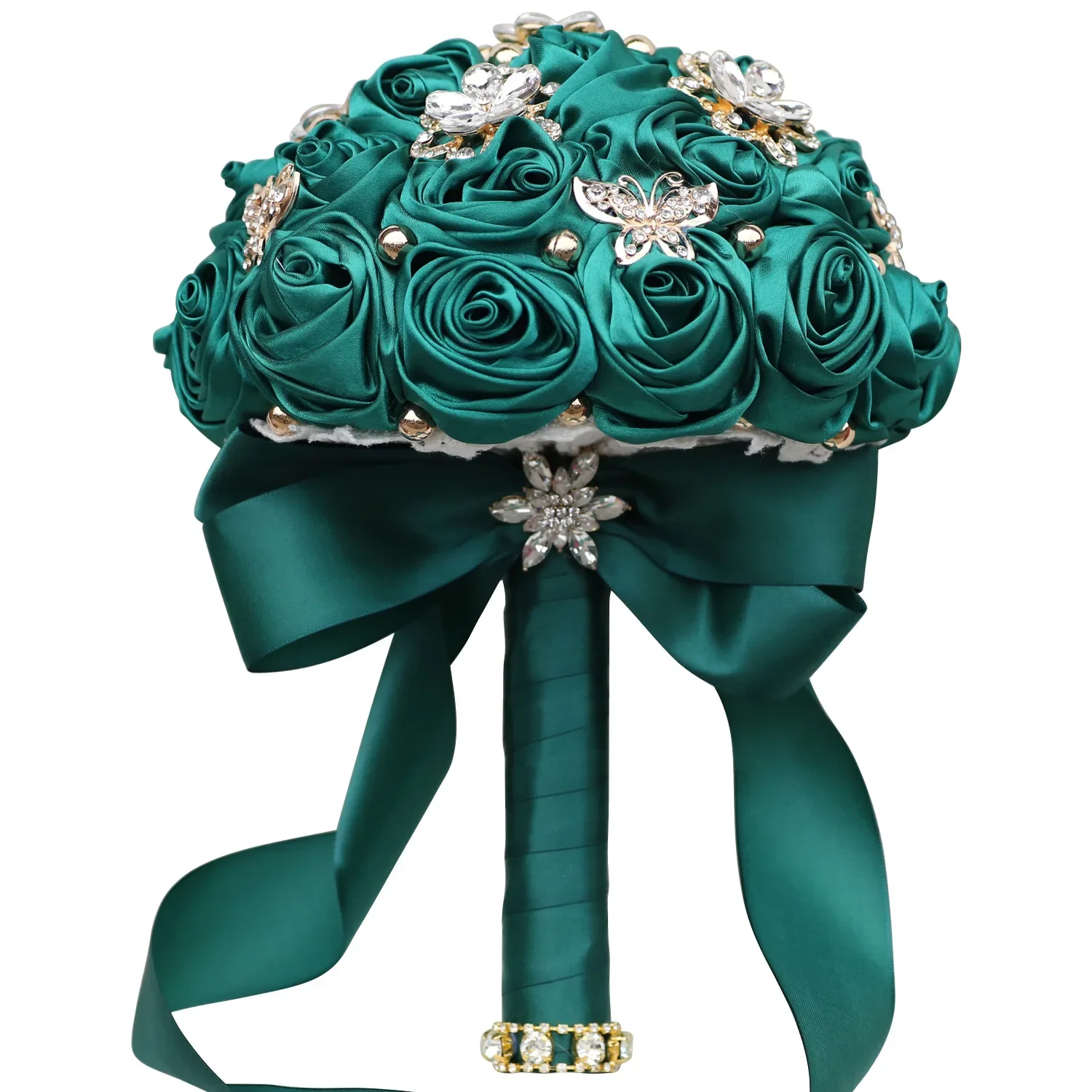 Ramo de novia dorado, verde y azul con rosas de diamantes de imitación,  ramos de cristal para boda, flores artificiales de satén de 24cm -  AliExpress, image size:1500x1500