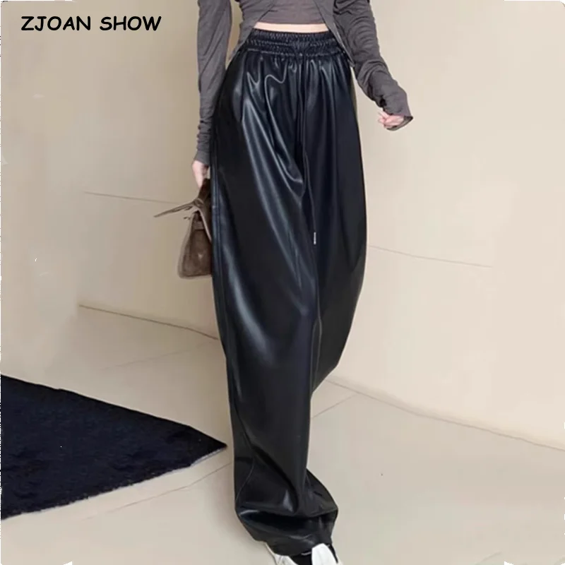 

Autumn Winter Y2K Plain Solid Black Elastic Waist PU Wide Leg Pants Woman Loose Full Length Straight Trousers Casual Bottom
