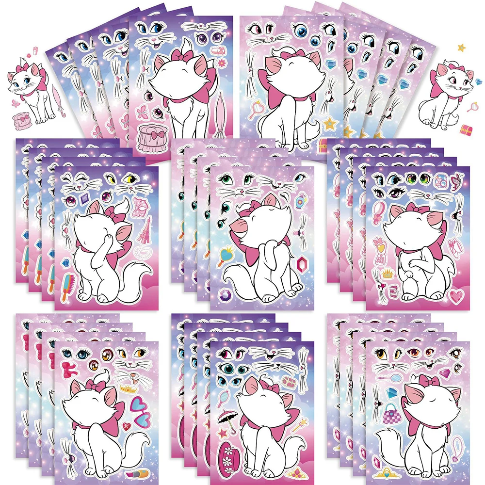 8/16Sheets Disney The AristoCats Children Puzzle Stickers Game Make a Face Assemble Jigsaw Kid Education Toy Sticker Party Favor